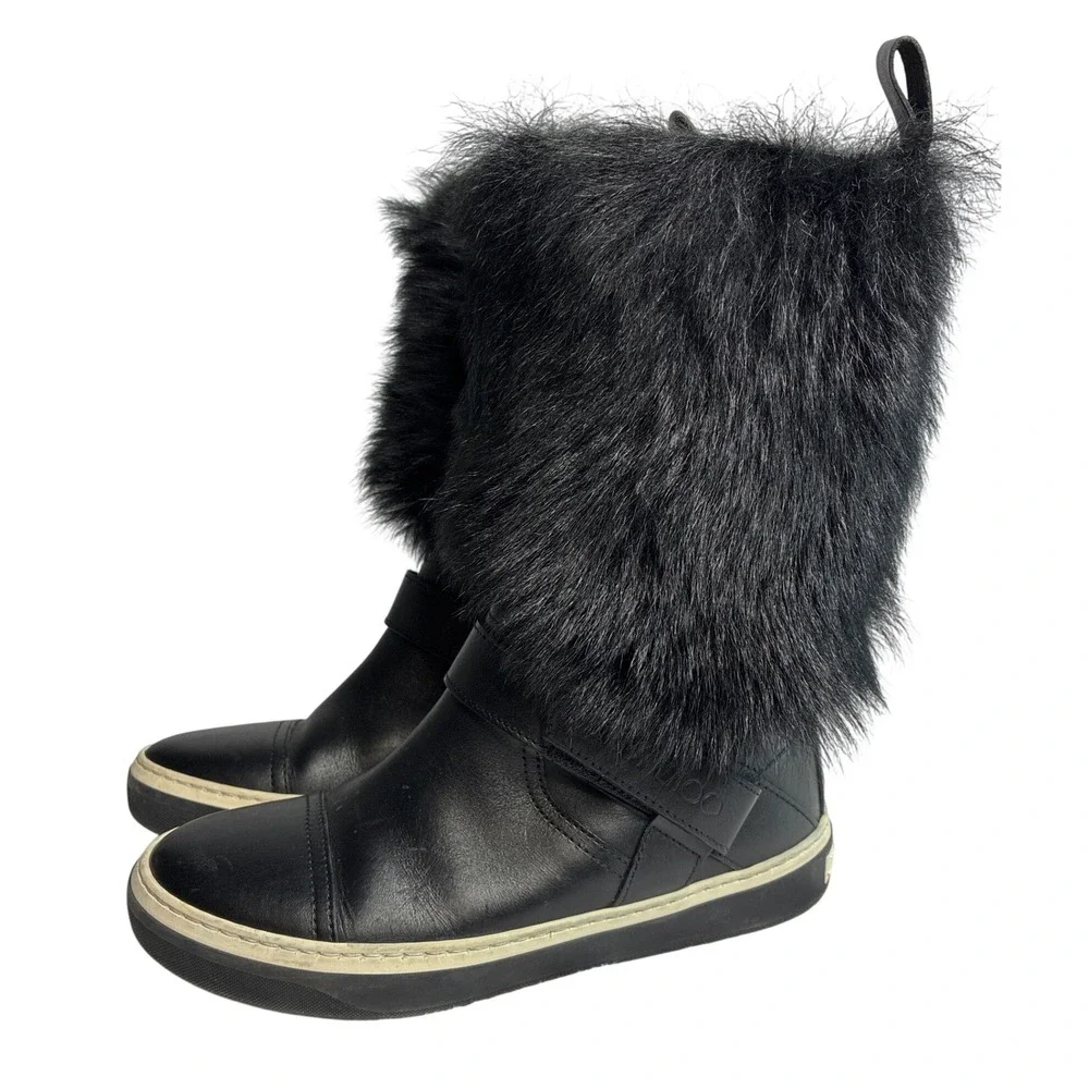 Jimmy Choo Black Leather Faux Fur Trim Mid Calf Boots‎ Size 35 Made in Italy